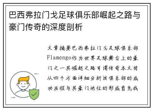 巴西弗拉门戈足球俱乐部崛起之路与豪门传奇的深度剖析